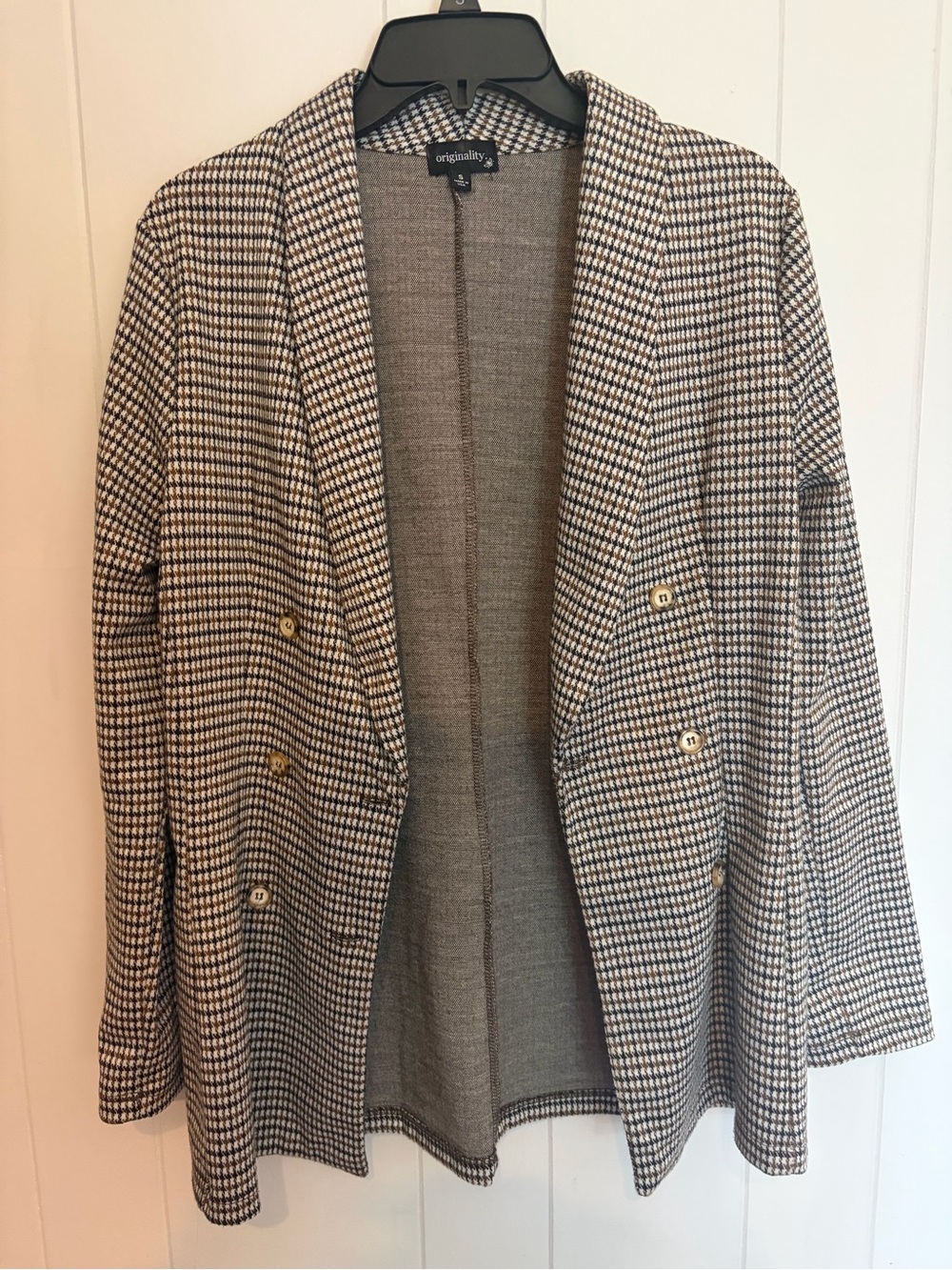 Originality Houndstooth Double-Breasted Blazer - Brown & Cream